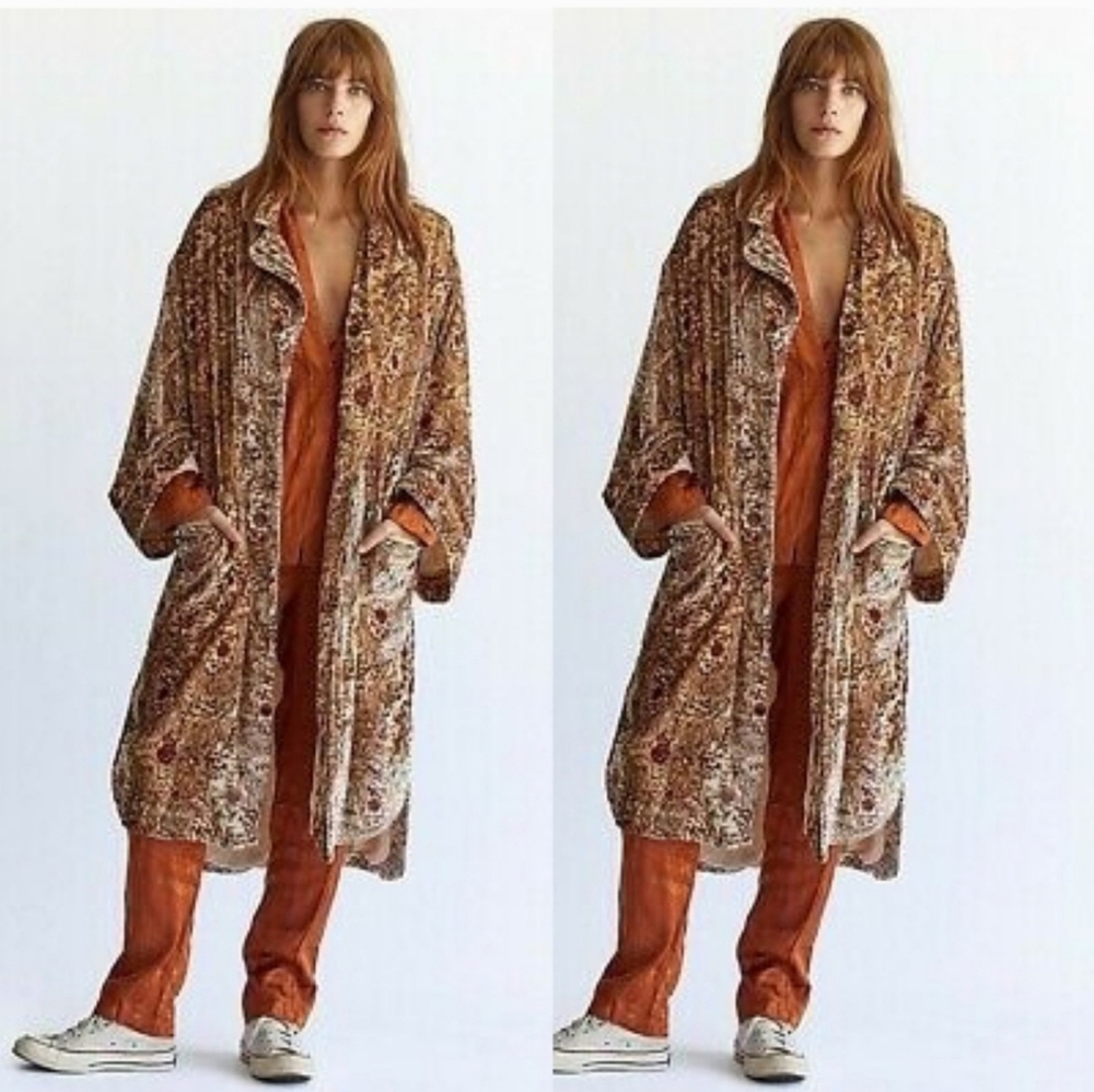 Free People Sweet Escape Boho Paisley Printed Velvet Trench Duster NWOT